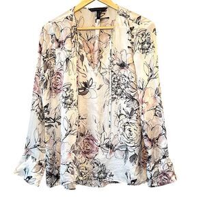 WHITE HOUSE BLACK MARKET 100% Silk Floral Watercolor Blouse Romantic Tie Neck To